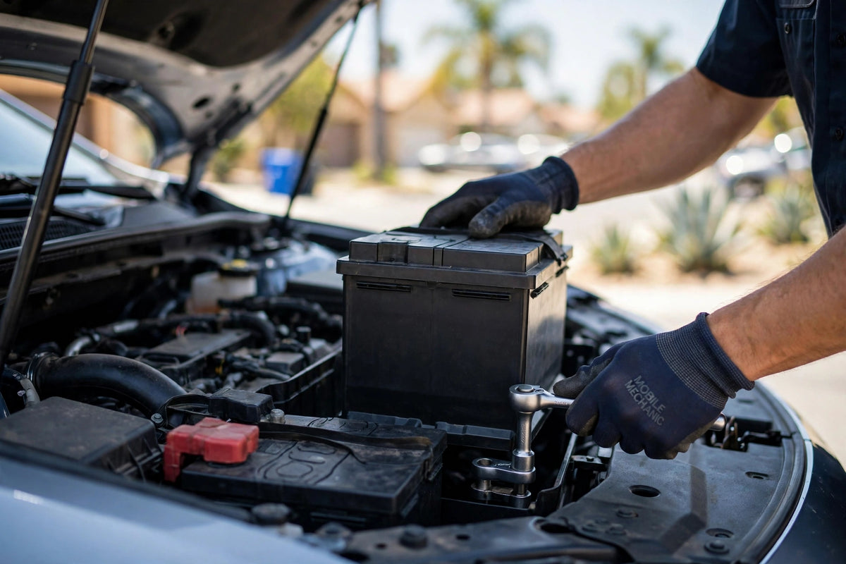 Technician installing a new car battery